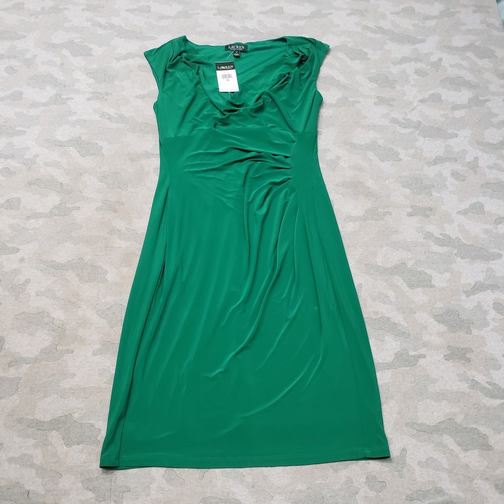Lauren Ralph Lauren Dress Womens 10 Green Ruched Sheath Sleeveless NWT Old Money